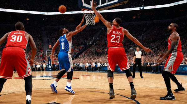 NBA篮球比赛现场，球员在篮下争抢篮板球