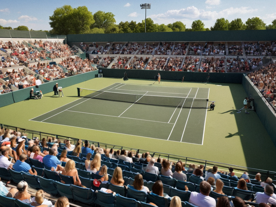 女子网球巡回赛球场全景，观众在看台观看比赛
